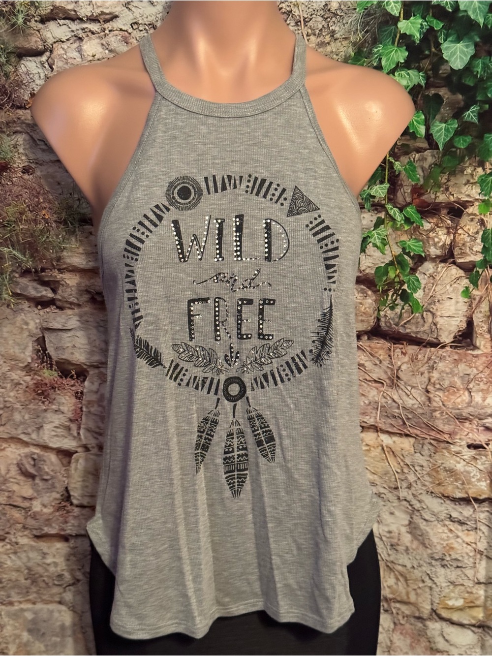 Wild & Free Grey Graphic Sparkly Flowy Halter Tank Top